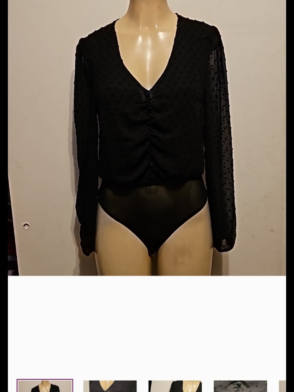 Shinestar Black Dotted Sheer Long-Sleeve Bodysuit